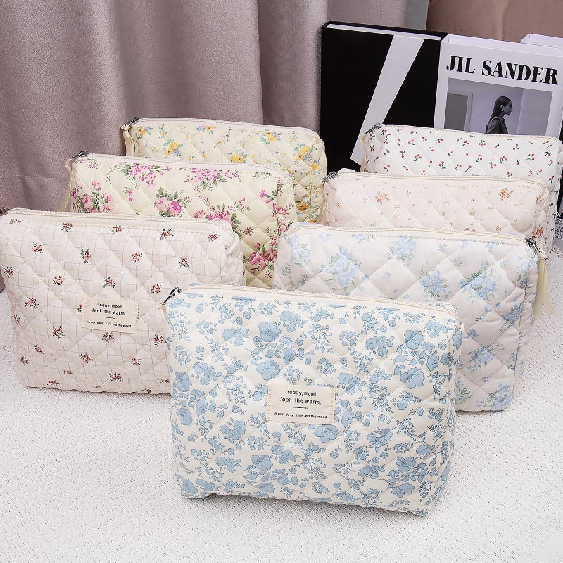Gosect Floral Makeup Bag  Small Cosmetic Bag for Women Girls  Cute Cotton Makeup Bag  Quilted Makeup Bags  Flower Travel Toiletry Organizer Bag(White Cherry) - Image 5
